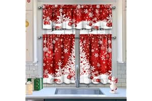 Xsinufn Christmas Kitchen Curtains Valances 3 Piece Set,Xmas Ball Ornaments Snowflakes Rod Pocket Kitchen Curtain Over Sink Window,Farmhouse Cafe Curtains for Holiday Winter Decor 36 Inch