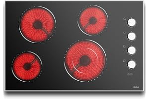 Electric Cooktop 30 Inch Hobsir, 4 Burner Electric Stove Top 6700W, Knob Control Built in Cook top, 30" Electric Stove Top Burner with Glass Protection Metal Frame, Double-ring burner, 220-240v | Knob Control, 9 Power Levels, Metal Edge Protection, A