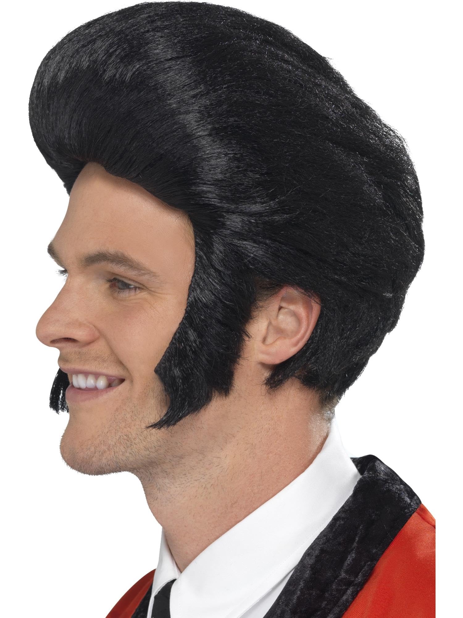 Smiffys 50s Quiff King Wig, Black with Built-In Sideburns, 1950s Rock'n'Roll Fancy Dress Accessory, Retro Greaser Look, Vintage 50s Dress Up Wigs for Adults, King of Rock & Roll Wig