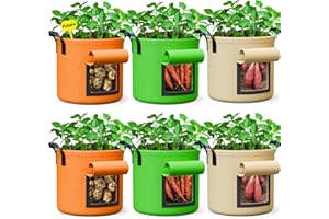 RVZHI 10 Gallon Potato Grow Bags - 6 Pack 350g Heavy Duty Thick Aeration Nonwoven Fabric Pots with Handles, Potatoes Grow Bags 10 Gal with Flap, Garden Bags for Growing Potatoes Plant Vegetables Flower