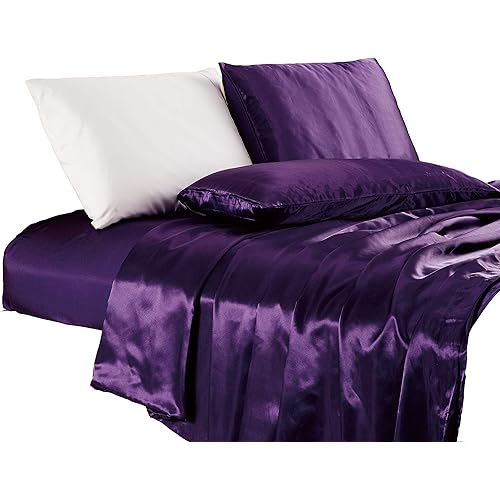 Chezmoi Collection 4-Piece Bridal Satin Solid Color Sheet Set (King, Purple)