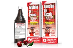EMULSION DE ESCOCIA Emulsión de Escocia Cod Liver Oil with Vitamins A, D, E, B1 - Natural Cherry Flavor Fish Oil Omega-3 Dietary Supplement for Immune Support & Growth - Essential Nutrients - 6.5 oz (2-Pack)