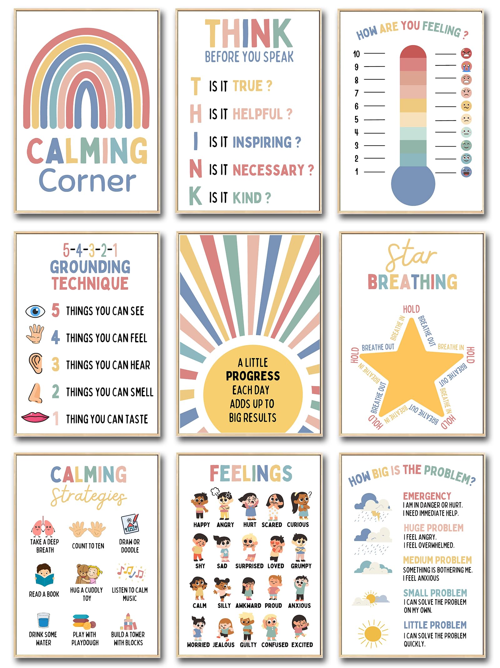 WINDVALE Calming Corner Posters for Kids – Feelings & Emotions Charts for Classroom and Teachers, Calm Down Corner Resources for Preschool, SEN or Therapy Decor – Set of 9