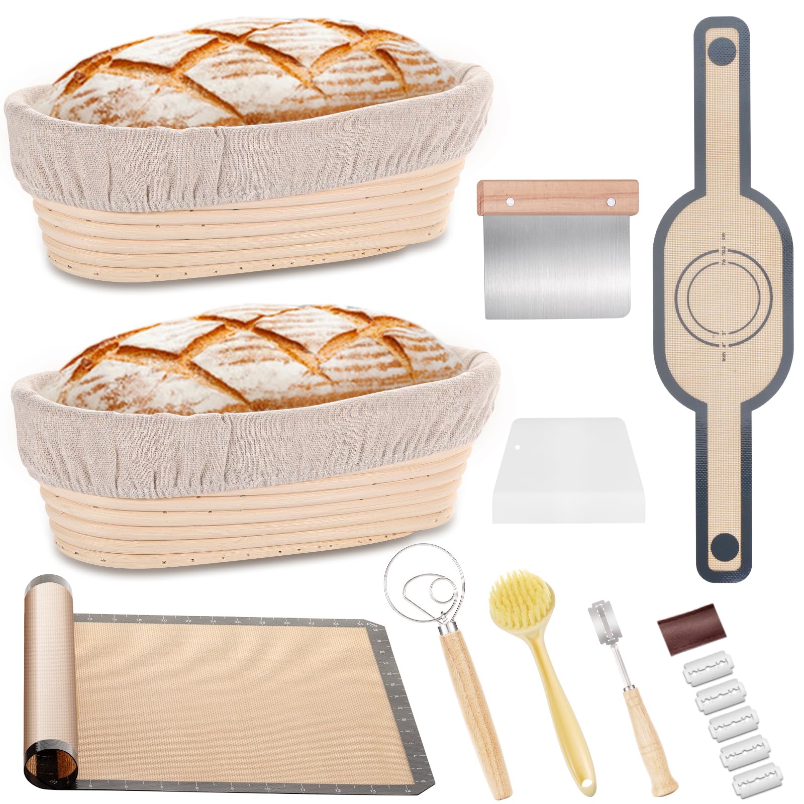 Photo 1 of Bread Proofing Basket Set of 2, 10 Inch Oval Bread Proofing Basket Set, Sourdough proofing basket, Starter Kit, Inlude Dough Whish, Cleaning Brush, Perfect Baker's Gift Set