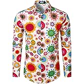 JOGAL Mens 70s Floral Dress Shirt Long Sleeve Printed Casual Button Down Shirts