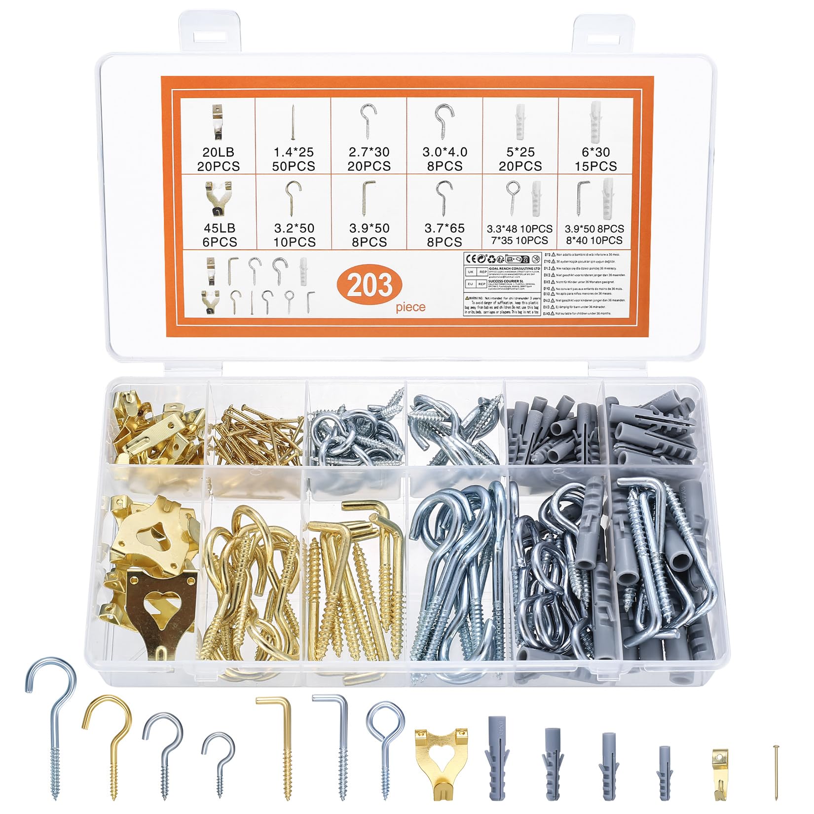 203 Pcs Picture Hanging Kit: Screw-in Hooks, Screw-In Vine Eyelet Screws, L Hooks Screw in Hooks, Ceiling Cup Hooks, Picture Nails for Walls, Heavy Duty Picture Hooks for Hanging Pictures Plants