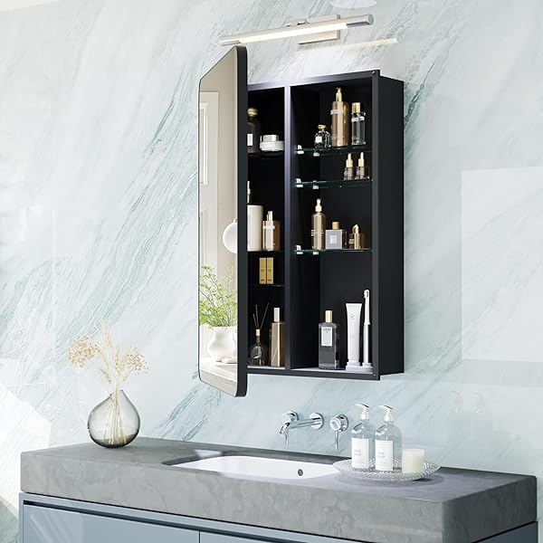 MEMOCASTLE BLACK MEDICINE CABINET WITH MIRROR 16X20 INCH, SMALL BATHROOM WALL CABINET WITH STORAGE, MODERN MATTE FINISH, 6 ADJUSTABLE GLASS SHELVES, SILENT SOFT CLOSE, RUST PROOF ALUMINUM ORGANIZER