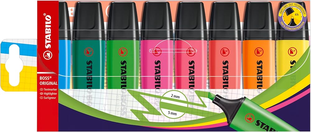 Stabilo Boss Original Highlighter Pack of 8 Assorted Colours