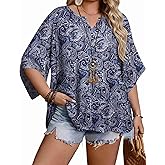 IN'VOLAND Plus Size 3/4 Sleeve Womens Blouse Boho Tops Summer V Neck Casual Loose Fit Tunic Beach Vacation Outfits 1X-5X
