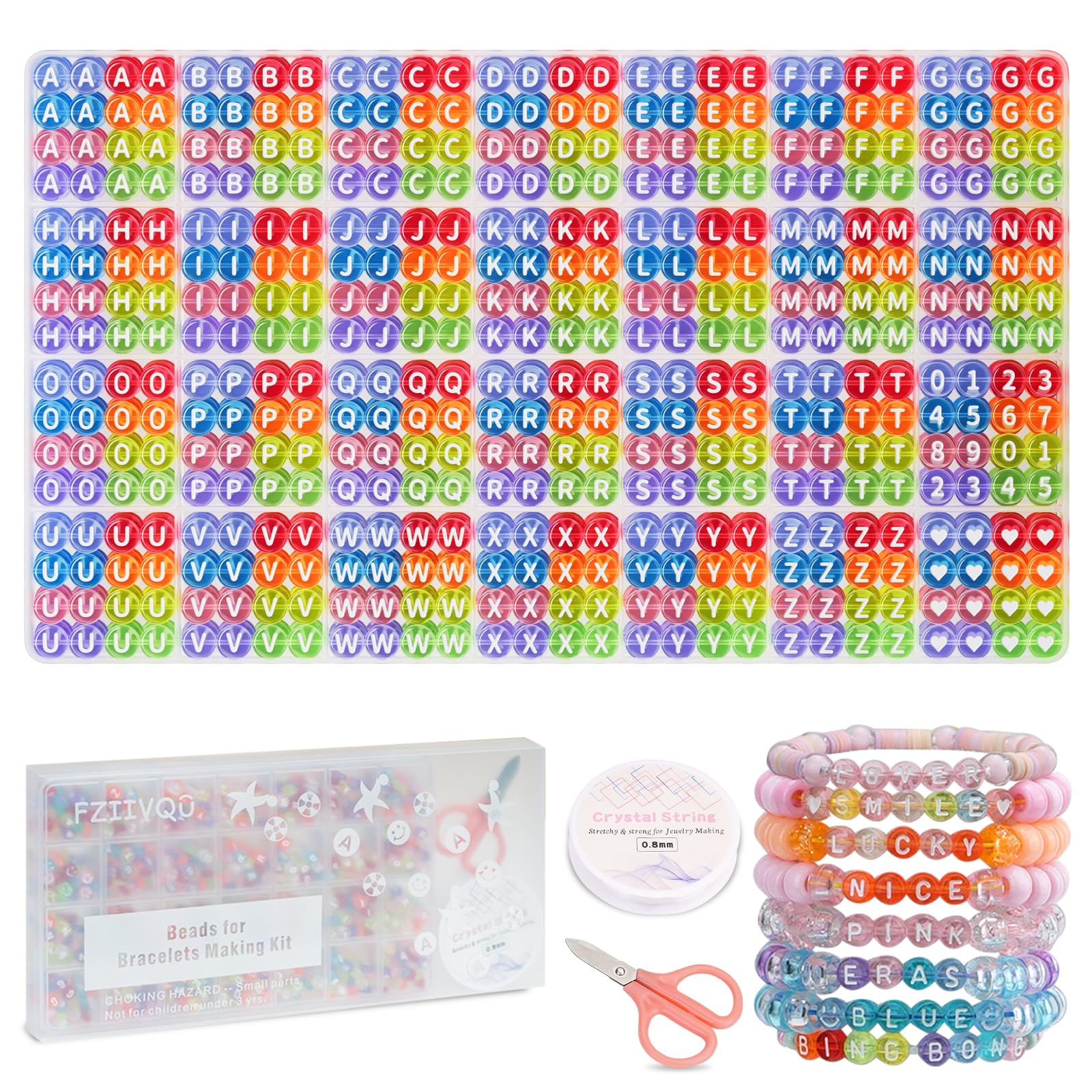 FZIIVQU 1450 Pieces Letter Beads, 28 Styles Acrylic 4x7mm Round Beads Kits, Alphabet A-Z Heart Pattern Smiley face for Bracelets DIY Jewelry Making, White Letter & Transparent Colour Base (MCB28-2) — image 1
