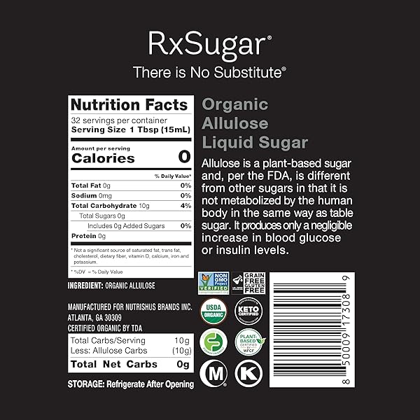 RXSUGAR DELICIOUS PLANT-BASED ORGANIC SINGLE PACK LIQUID SUGAR, 16 OZ | ALLULOSE SWEETENER