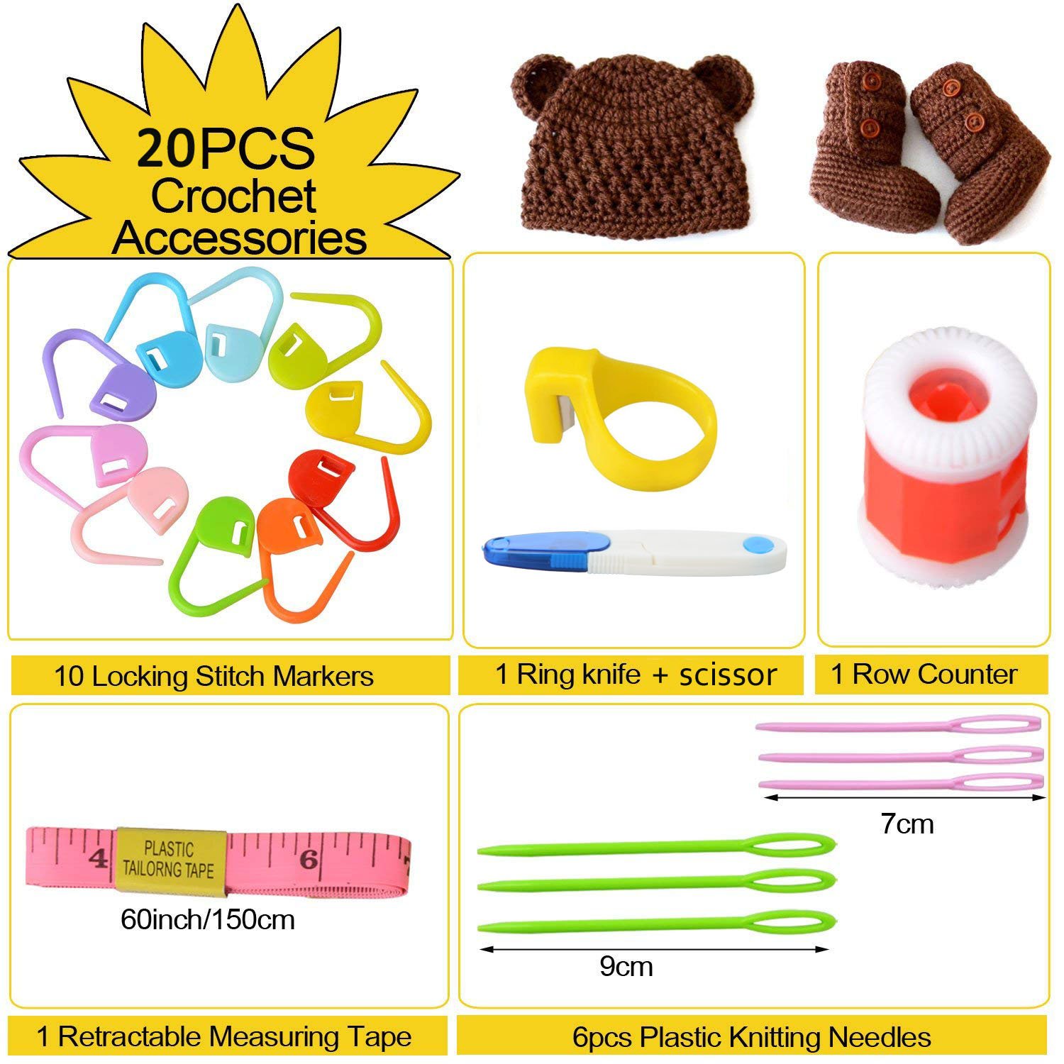 Spring 11pcs Rainbow Crochet Set ergonomic soft rubber ergonomic handle with crochet hooks 19pcs Accessories (Rosa)