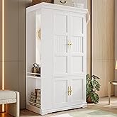 LIKIMIO Armoire Wardrobe Closet with Mirror, 70” Wooden Wardrobe Cabinet with 4 Doors, 2 Open Storage Shelves, Freestanding Bedroom Armoire with 3 Hooks & Hanging Rod for Home Room, White