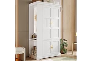 LIKIMIO Armoire Wardrobe Closet with Mirror, 70” Wooden Wardrobe Cabinet with 4 Doors, 2 Open Storage Shelves, Freestanding Bedroom Armoire with 3 Hooks & Hanging Rod for Home Room, White