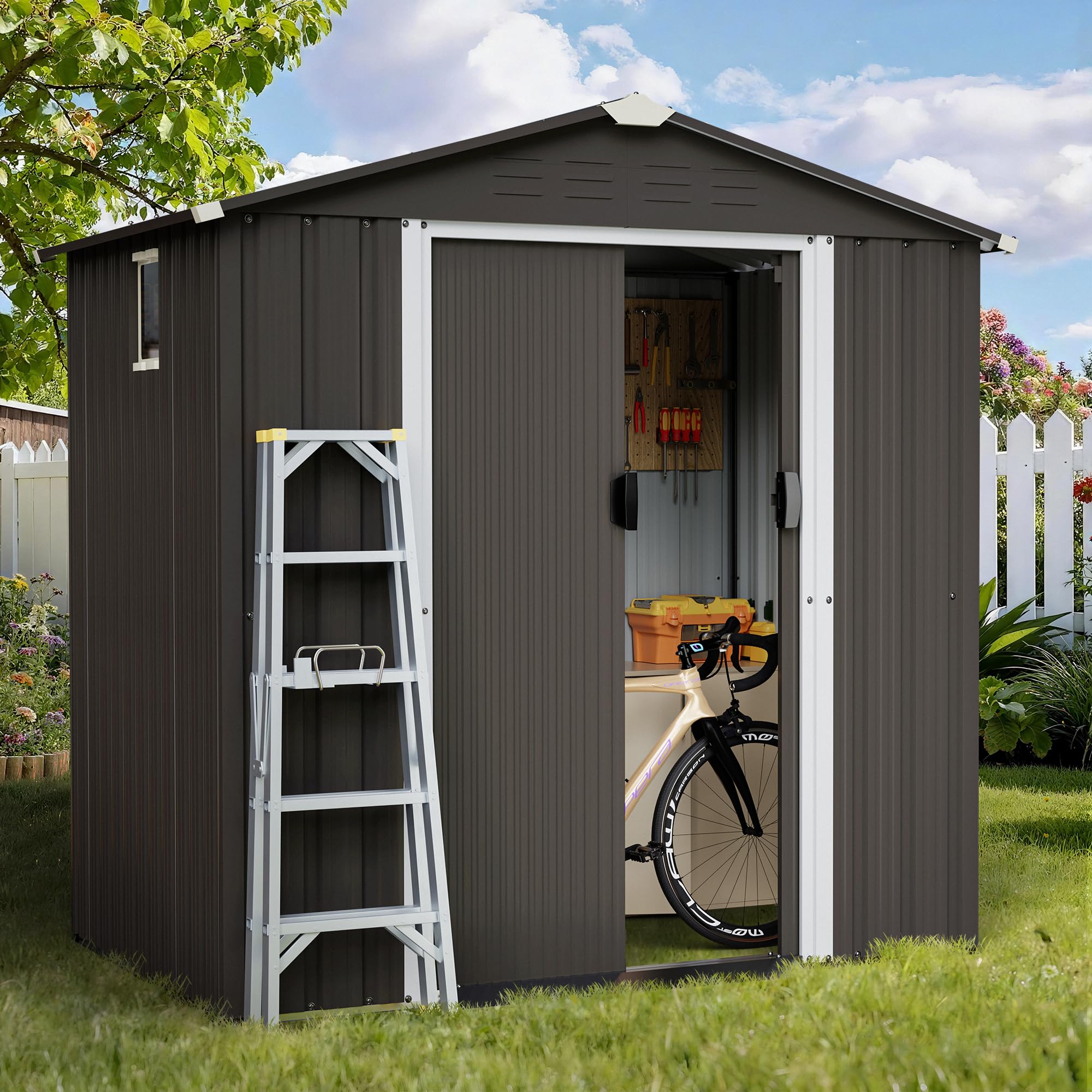 Photo 1 of Shintenchi 6x4 FT Outdoor Storage Shed with Window, Lockable Outdoor Waterproof Tool Storage Sheds,Weather Resistant Tool Storage House Shed for Garden,Backyard,Patio Utility Tool Storage,Dark Gray