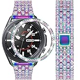 DEALELE Bands Compatible with Samsung Galaxy Watch 3 (45mm), 22mm Full Rhinestone Diamond Stainless Metal Strap with Bezel Ring Cover Replacement for Women Men (Rainbow)