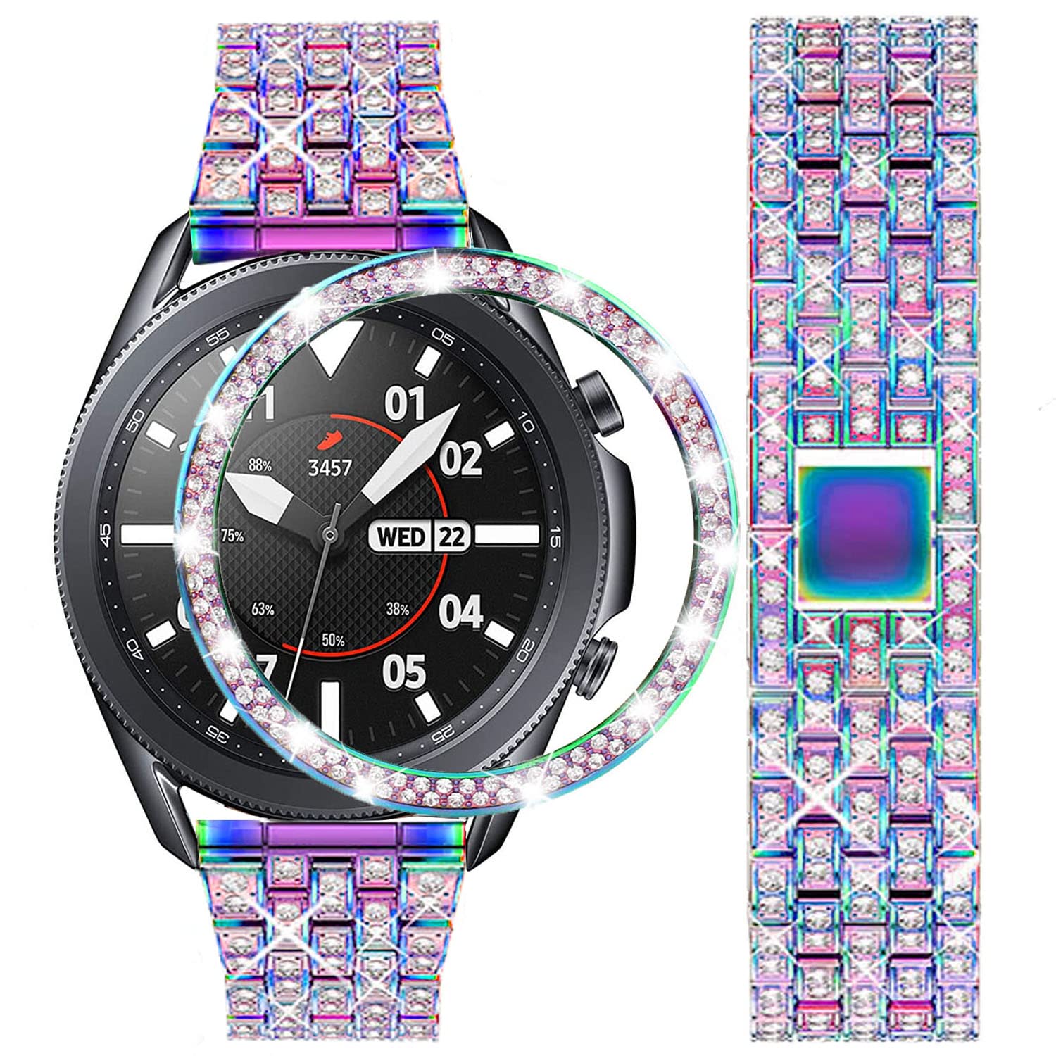 DEALELE Strap Compatible with Samsung Galaxy Watch 3 45mm, 22mm Full Diamond Stainless Steel Metal Strap with Strass Bezel Ring Cover Replacement for Women Men, Rainbow