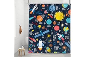 Riyidecor Kids Outer Space Shower Curtain 60Wx72H Inch Cartoon Planet Cute Rocket Universe Galaxy Solar System Stars Lovely Educational Bathroom Decor Fabric Polyester Waterproof 12 Pack Hooks