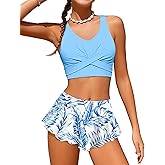 Qaoerde Girls Swimsuit Tropical Print Bikini Set with Ruffle Hem Two Piece Criss Cross Bathing Suits for Girls 7-14 Years