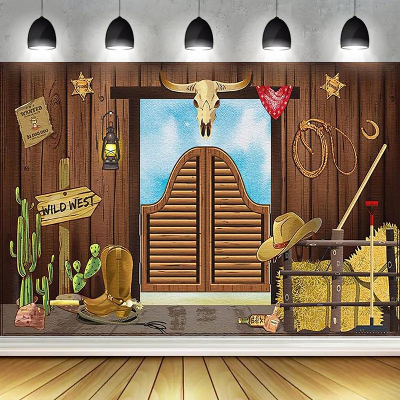 Lollanda Cowboy Party Decorations - Wild West Backdrop, Large Fabric West Photo Door Banner Background, Wooden House Barn Banner for Western Themed Decoration