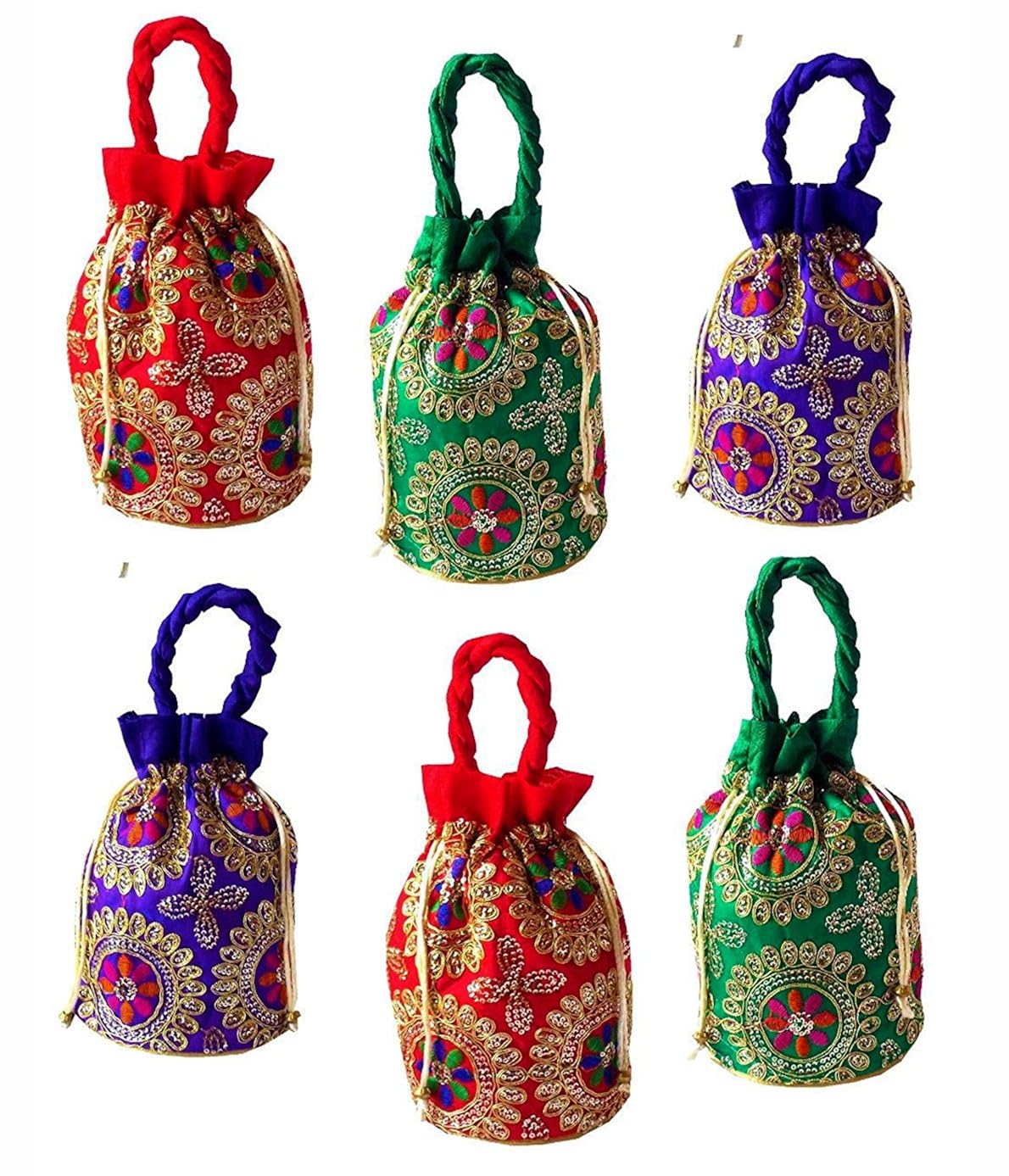 dms retail multicolored combo of 6 ethnic brocade and jardosh silk embroidered potli bag for women and girls