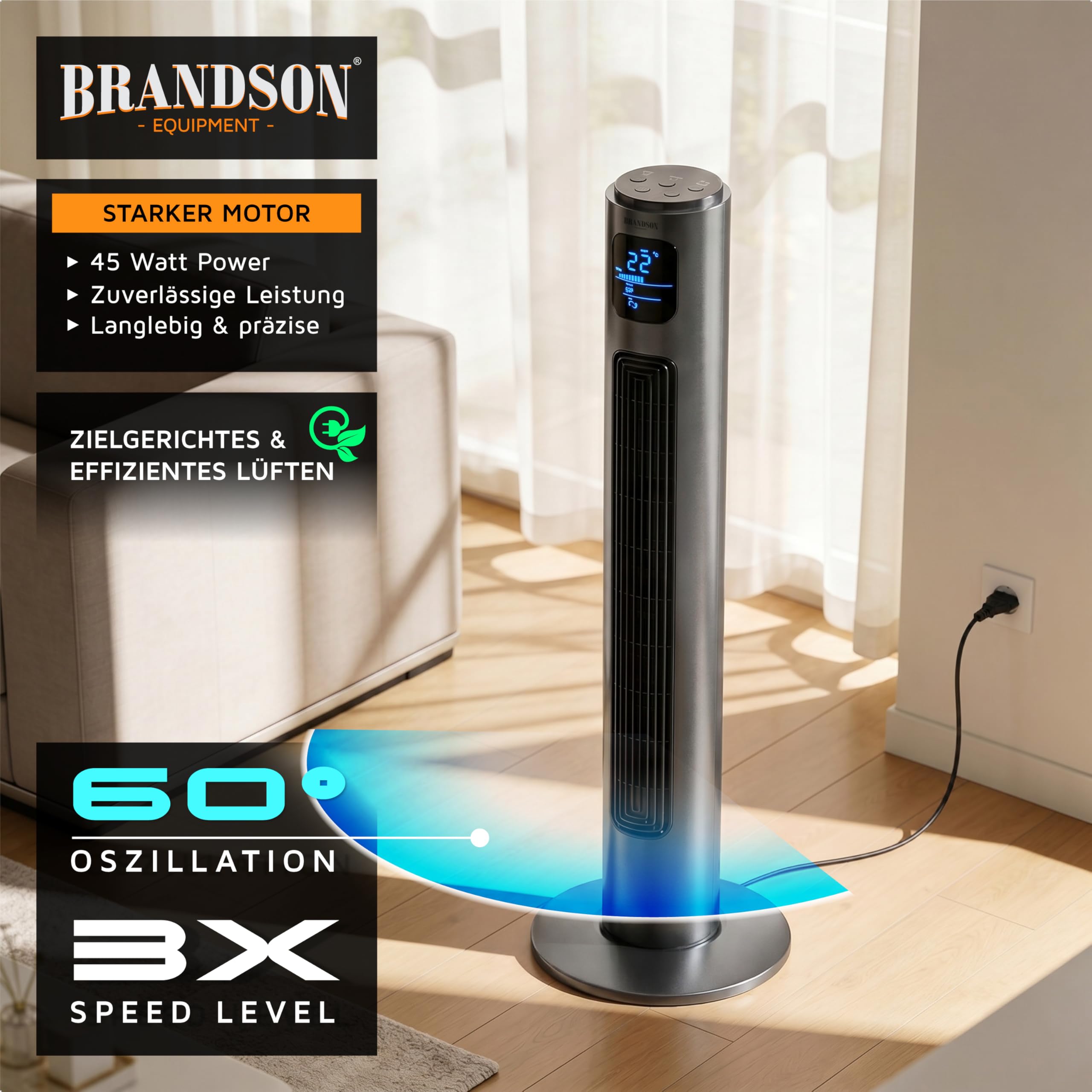 Brandson - Turmventilator mit Fernbedienung 96 cm - Preisträger 2026 - mobiler Lüfter leise - Standventilator mit Oszilation - 3 Geschwindigkeiten 3 Lüftungs-Modi Timer - Ventilator mit GS - Cool Grey 3