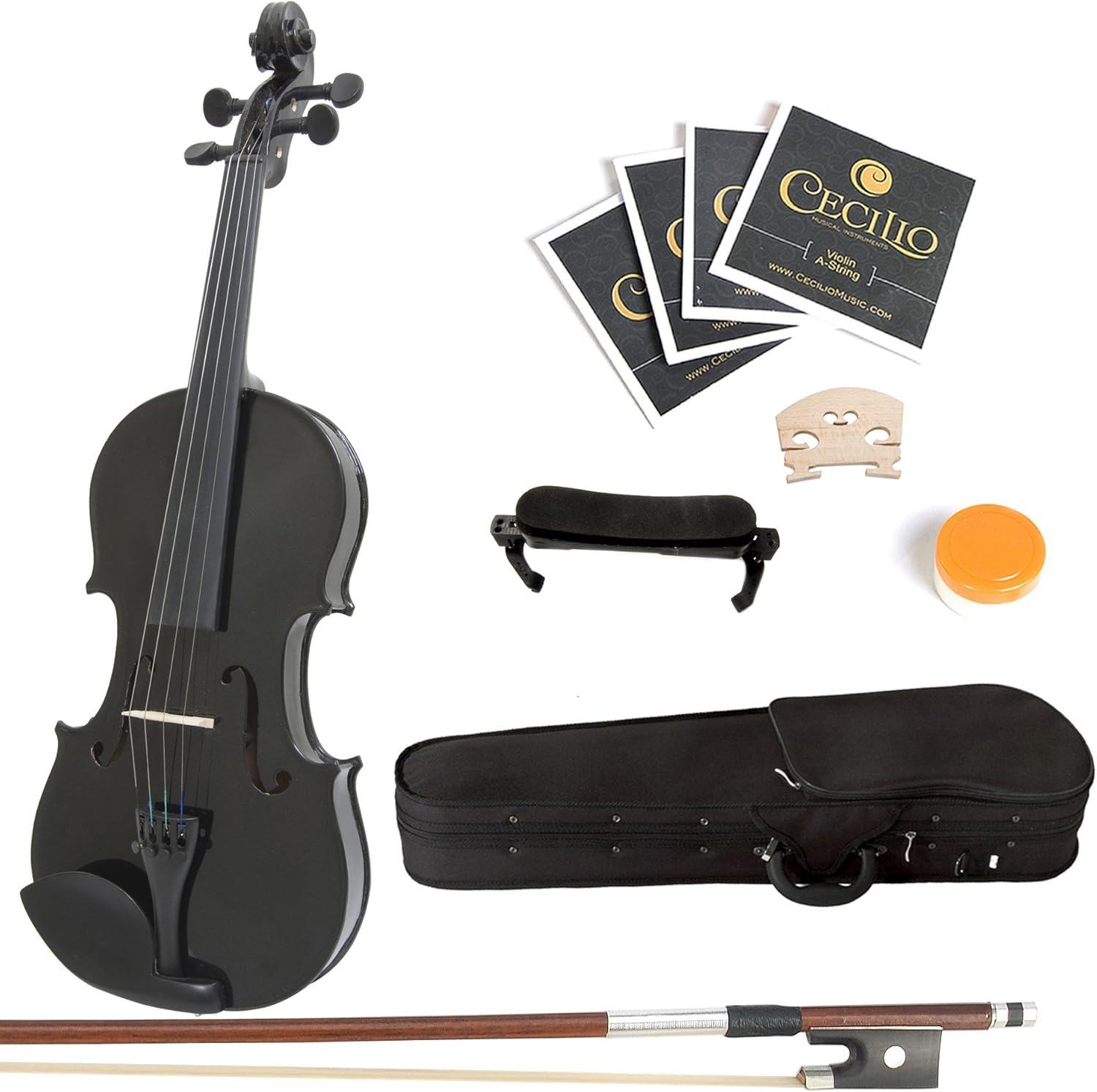 Mendini 4/4 MVBlack Solid Wood Violin with Hard Case, Shoulder Rest, Bow, Rosin and Extra