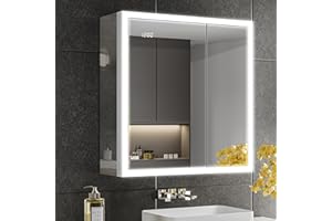 QueenFun 30x32 LED Medicine Cabinet with Mirror, Surface or Recessed Lighted Medicine Cabinet with Mirror, Dimmable Fogless Aluminum Medicine Cabinet with Outlet, Time Display& Built-in Sensing Light