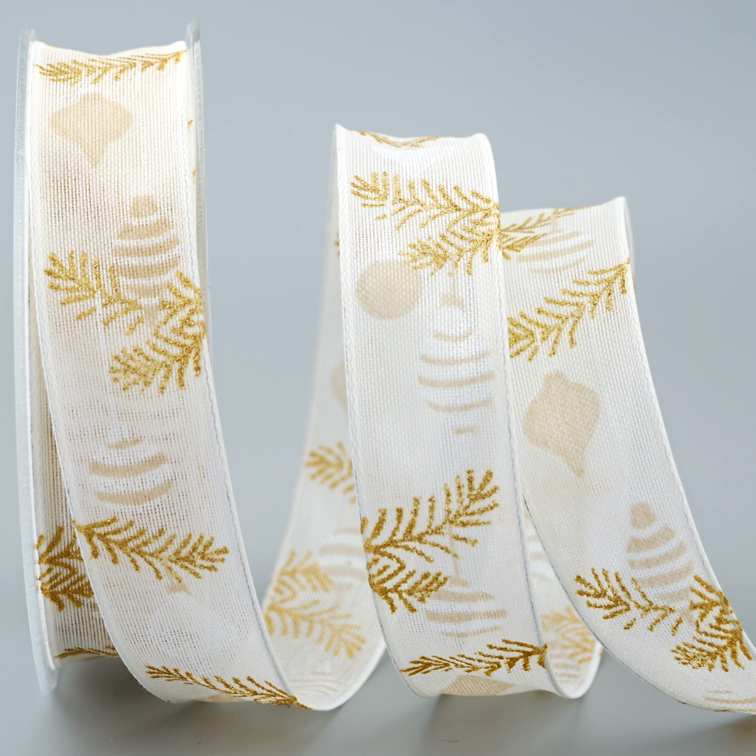 Decorative Ribbon Christmas Charm Cream / Gold 20 m x 25 mm Roll Gift Ribbon Christmas Tree Decoration Wire Edge Ribbon Fabric Ribbon Bow Ribbon