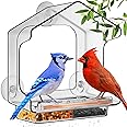 LUJII All One Piece Window Bird Feeder with Strongest Suction Cups, All One Piece No Glue, Lift-Out Tray with Drainage Holes, Large Enough for Larger Birds Like Cardinal or Mocking Birds, Clear