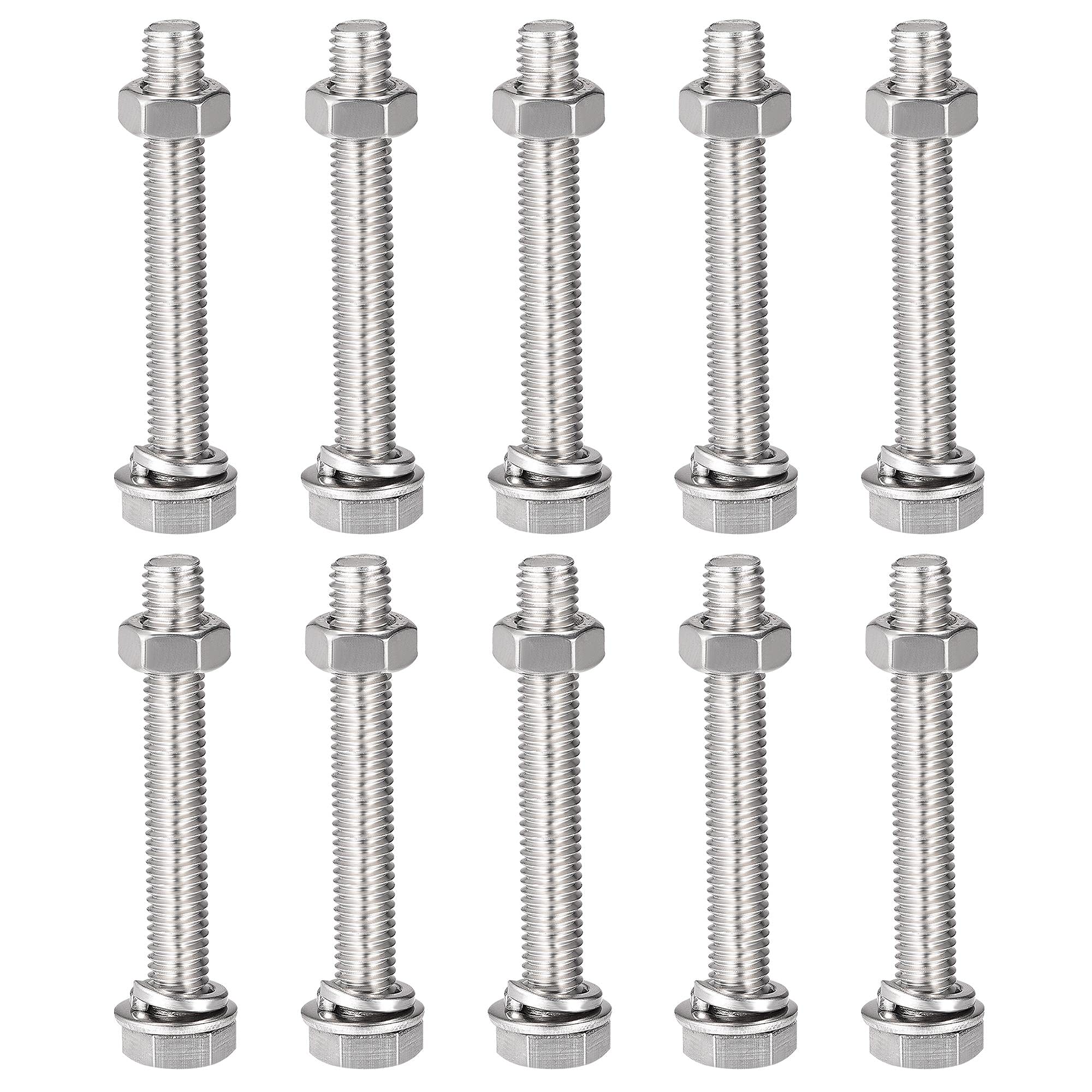 sourcing map M8 x 55mm Hex Head Screws Bolts, Nuts, Flat & Lock Washers Kits, 304 Stainless Steel Fully Thread Hexagon Bolts 10 Sets โ image 1