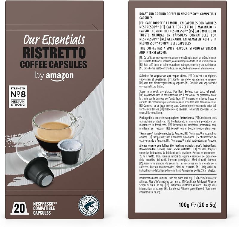 Nosso pacote de sortimento de cápsulas de café padrão compatíveis com nespresso essentials by amazon, 80 cápsulas (4 pacotes de 20) - certificado pela rainforest alliance