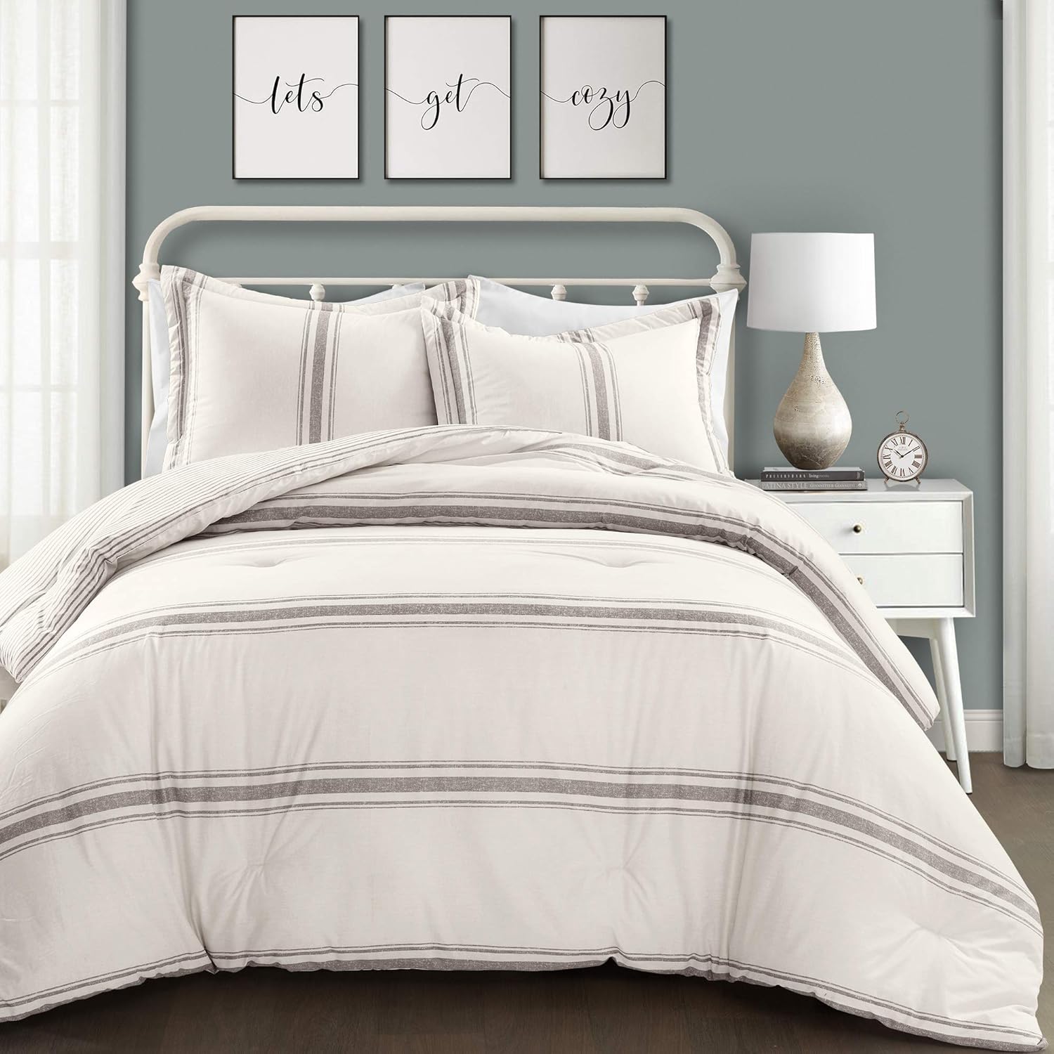 Lush Decor, Gray Comforter Farmhouse Stripe 3 Piece Reversible Bedding Set, Full Queen: Home & Kitchen