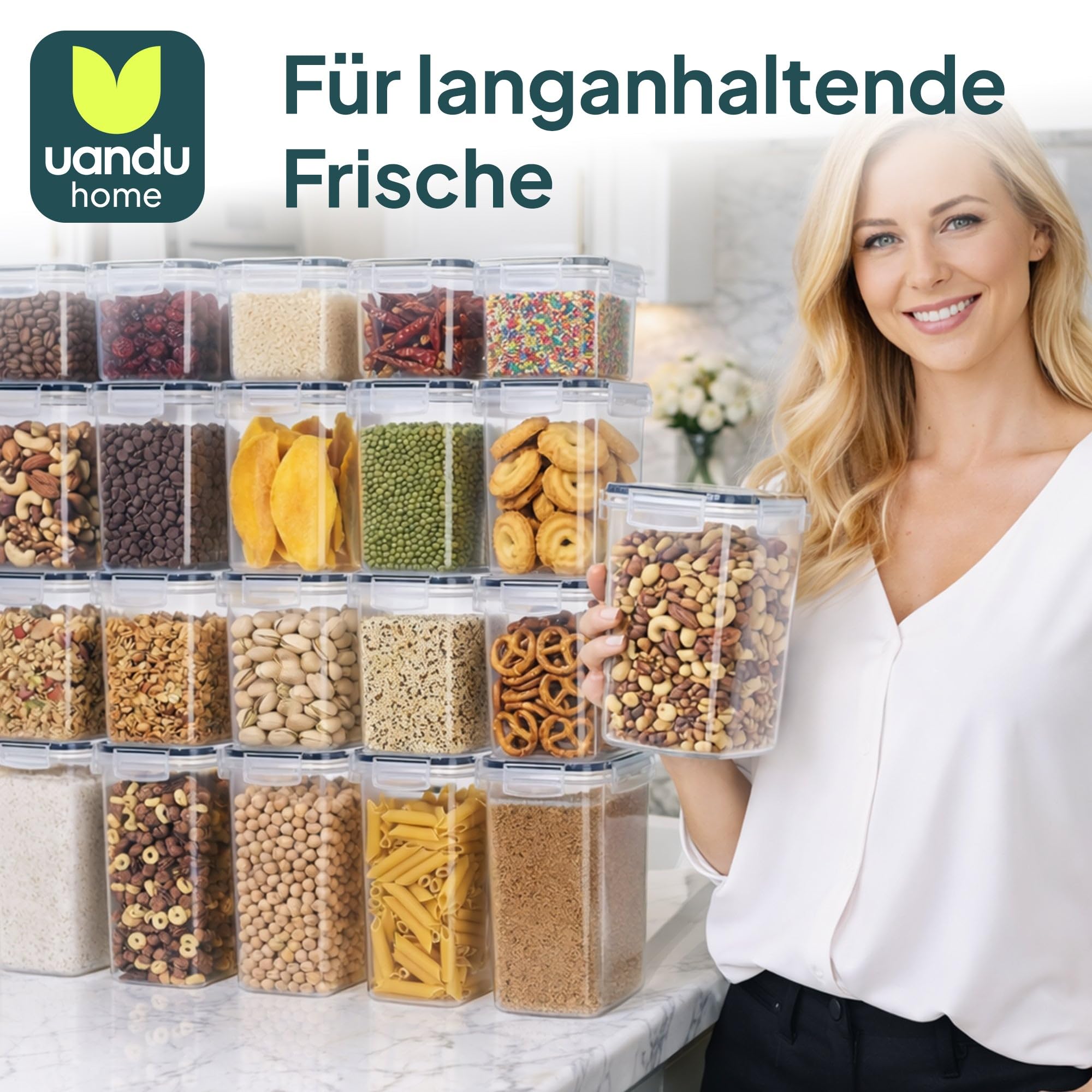 uandu Vorratsdosen mit Deckel luftdicht – 24er Vorratsbehälter Set BPA Frei, Reisbehälter, Aufbewahrungsbox Küche für Müsli, Mehl & Zucker, Mit Schreibstift und Etikett 7