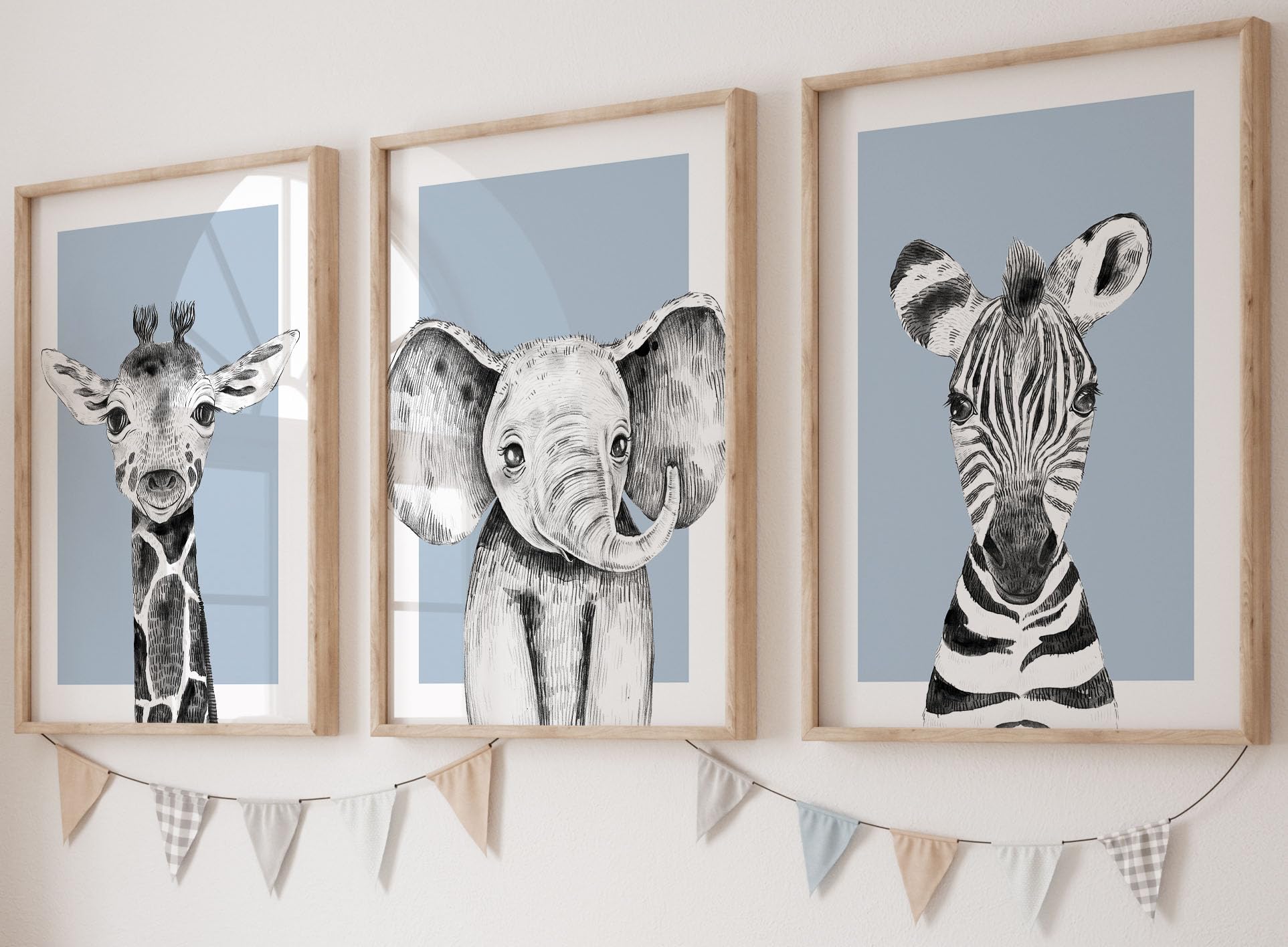 Safari Animals With Dusty Blue Background Set of 3 Unframed Poster Prints For Baby Girl Boy Nursery Bedroom, Neutral Safari Bedroom Decor Wall Art Posters, Elephant Giraffe Zebra (3 prints, A3)