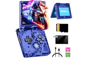 LKOHJF RG35XXSP retro handheld game console, 3.5-inch IPS screen with full viewing angle folding, ultra-long battery life, supports HDMI TV projection and Bluetooth 4.2 connection. Blue