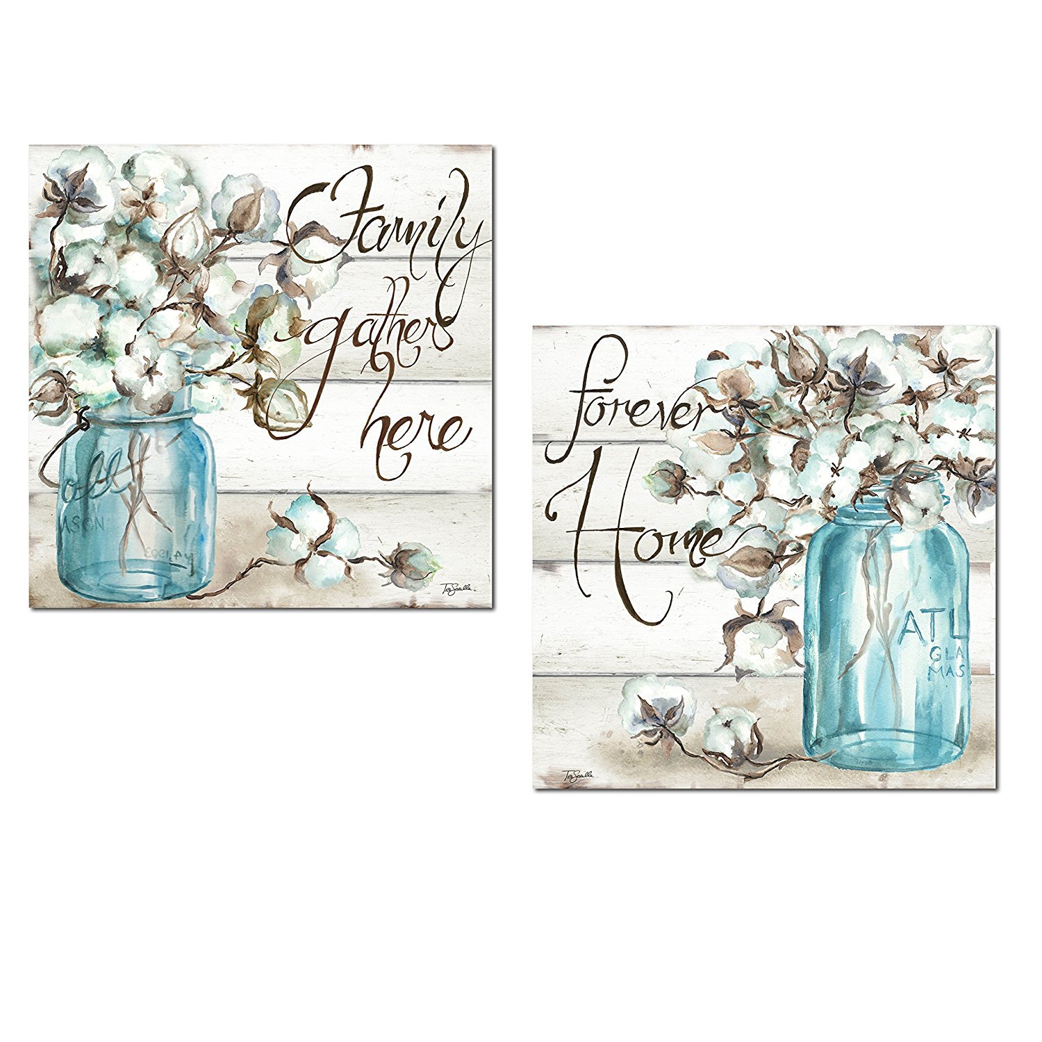 Beautiful Watercolor-Style Family Gathers Here and Forever Home Mason Jar Floral Set by TRE Sorelle Studios; Two 12x12in Unframed Paper Posters. Teal/Brown