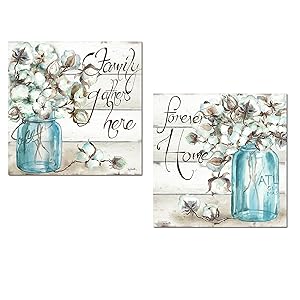 Beautiful Watercolor-Style Family Gathers Here and Forever Home Mason Jar Floral Set by TRE Sorelle Studios; Two 12x12in Unframed Paper Posters. Teal/Brown