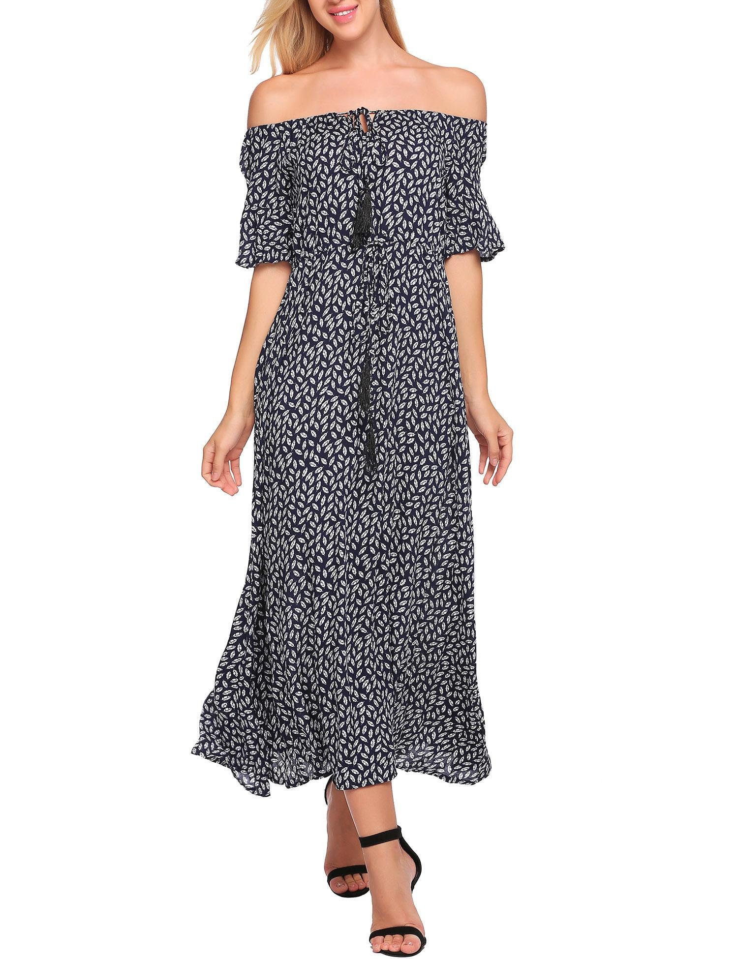 Zeagoo Women Boho Off the Shoulder Floral Print Casual Swing Maxi Dress Navy blue S