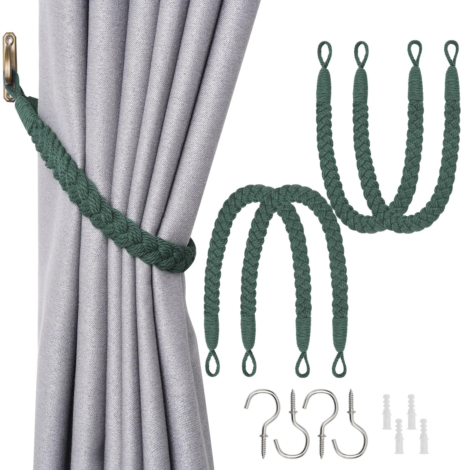 Pretty Jolly 4 Pack Natural Cotton Rope Curtain Tiebacks Elegant Boho Style Decorative Drape Tie Backs Soft Hand-Woven Rope Curtain Holdbacks with Metal Hook for Home & Office Drapery (Dark Green)