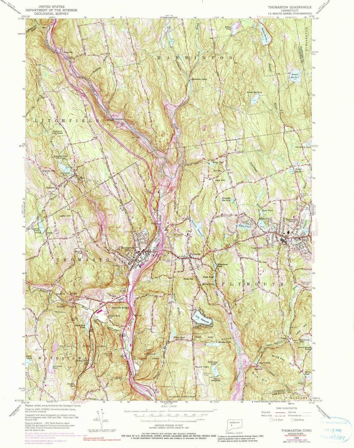YellowMaps Thomaston CT topo map, 1:24000 Scale, 7.5 X 7.5 Minute, Historical, 1956, Updated 1990, 26.8 x 22 in