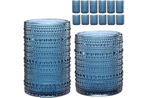 ZMOWIPDL Vintage Glassware Drinking Glasses Set of 12,Blue 12oz & 15oz Hobnail Glass Cups,Embossed Water Tumbler,for Beer,Cocktail,Whiskey,Juice and Various Mixed Drinks- 1 Cleaning Brush