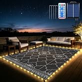 9x12Ft Outdoor Rug, Solar Powered Outdoor Rug with 131LEDs Strip Lights for House Deck, Waterproof Plastic Reversible Outdoor Straw Rugs, Rugs Mat RV Camping Patio Beach Balcony Picnic (Black Gray)