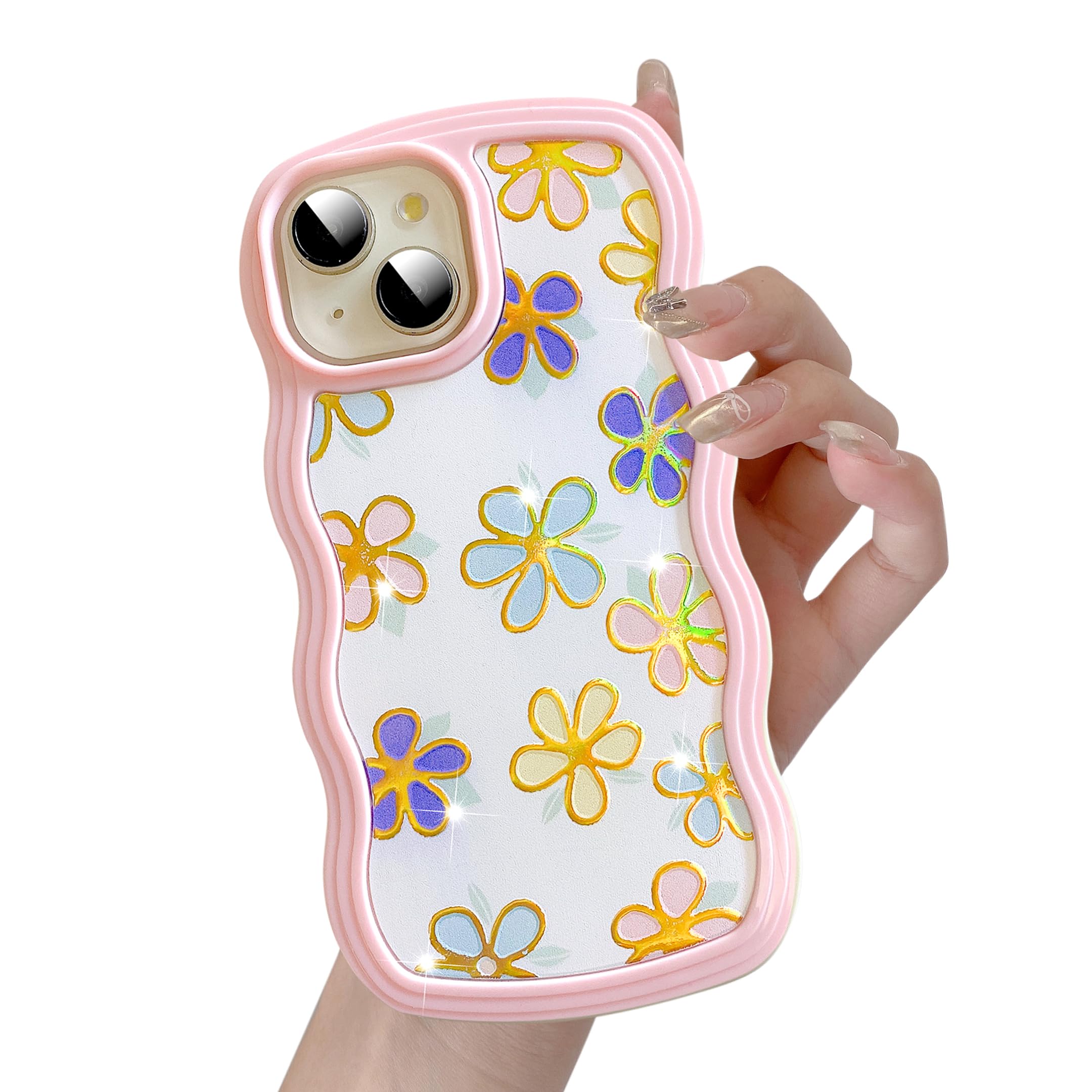 UEEBAI for iPhone 14 & 13 Case, 6.1" Floral Wave Frame Cute Curly Anti-slip Flower Case with Aesthetic Pattern, TPU Slim Bumper Shockproof Protective Cover for Women Girls - Little Flower