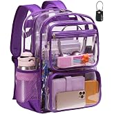 Vorspack Clear Backpack with TSA Lock, Heavy Duty School Bookbag, Purple | 17 Inch See Through Backpacks for Girls Boys, Laptop Pocket, 2-Way Zipper, Large Transparent Clear Bag for Work, Travel