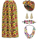 5 Pcs Women African Printed Maxi Skirt Traditional Black History African Dresses Head Wrap Necklaces Bracelets Earrings
