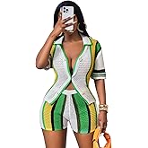 SEGT Women's 2 Piece Sexy Short Sets Knit Hollow Out Outfits V Neck Color Block Short Sleeve Button Down Shirt and Shorts Set