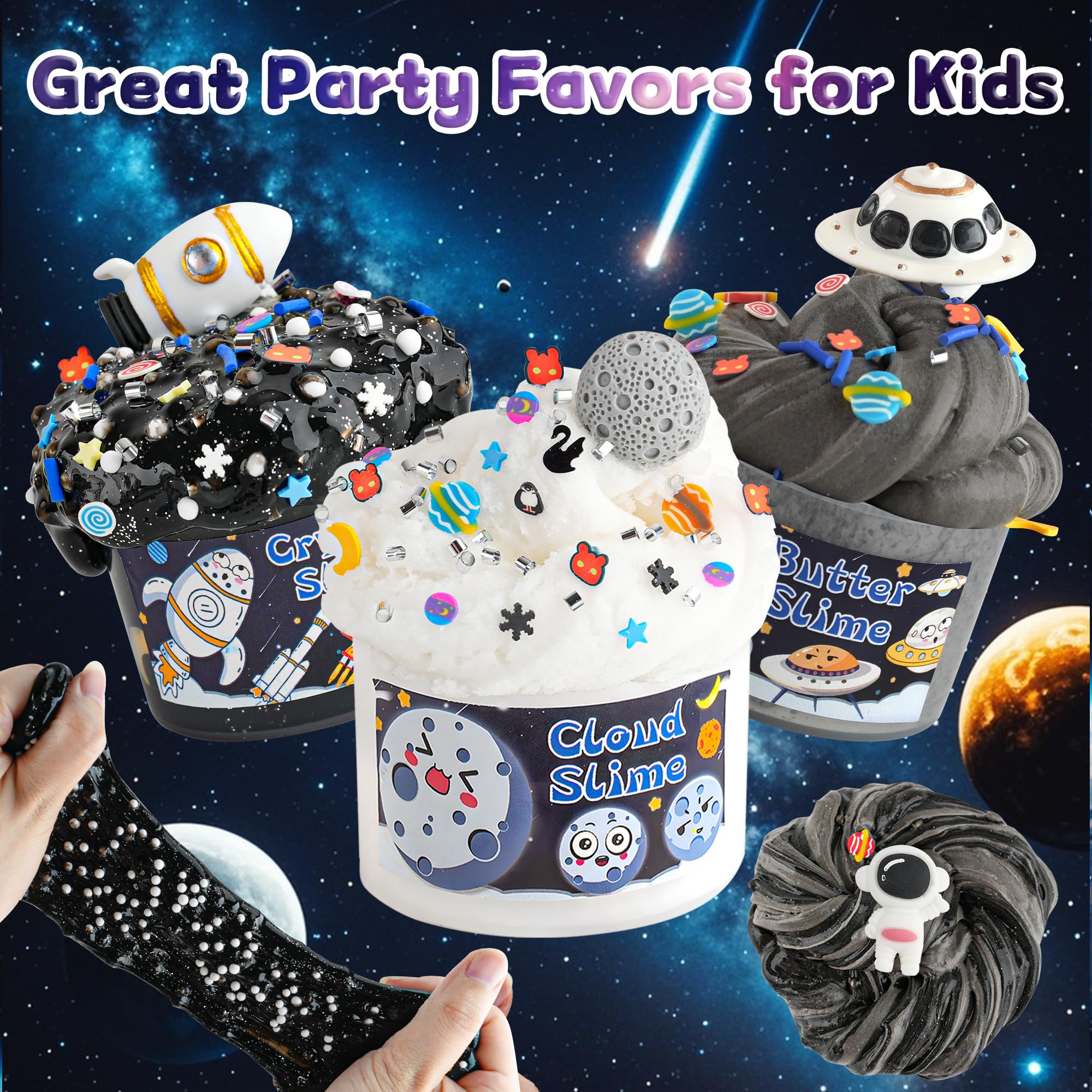 LAWOHO 6 Pack Galaxy Slime Kit for Kids- Cloud, Butter & Clear Slimes with Space Add-ins, 360ml Black Slime for Boys Girls, Kids Slime Kits for Easter Christmas Halloween Birthday, Space Party Favors