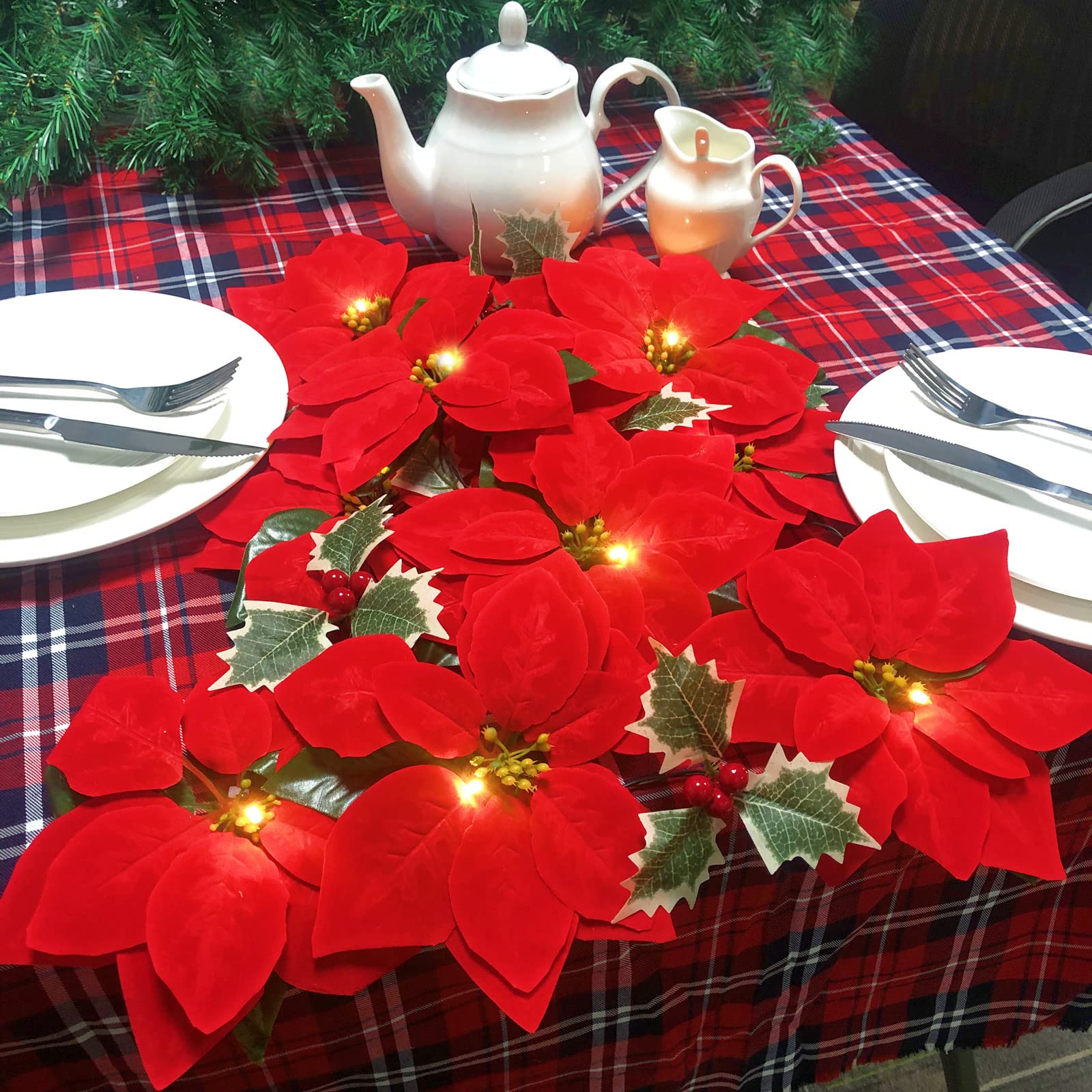 A-Red Poinsettia 2 Pack: Artificial Red Poinsettia Christmas Garland with Berries Maple Leaves String Light for Holiday Door Garden Party Decoration Wreath