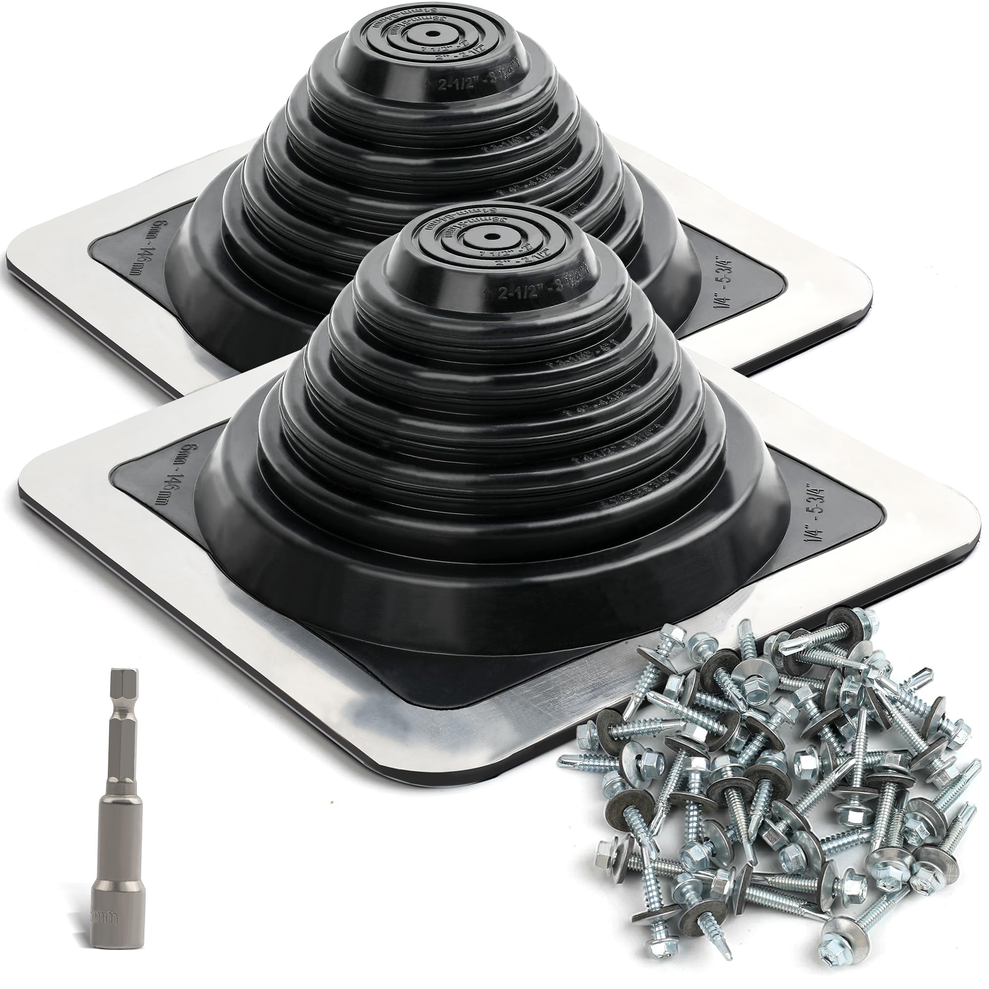 Photo 1 of Metal Roof Vent Pipe Boot: High Temp Silicone for Stove Pipe & Chimney Flashing - Fits Pipe OD 1/4" to 5-3/4" - 8" x 8" Flexible Square Base - Kit with Roofing Screws & Hex Socket - 2 Pack